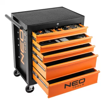 NEO TOOLS Werkstatt-Schrank, 5 Schubladen + 117 Werkzeuge, Kugelgelagerte Schubladenführungen, Zentralverriegelung, 400 kg statische Last, Schwarz