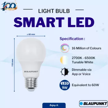 Blaupunkt E27 9W Smart LED-Lampe A60 – Tunable White & RGB, Wi-Fi, Alexa/Google Assistant