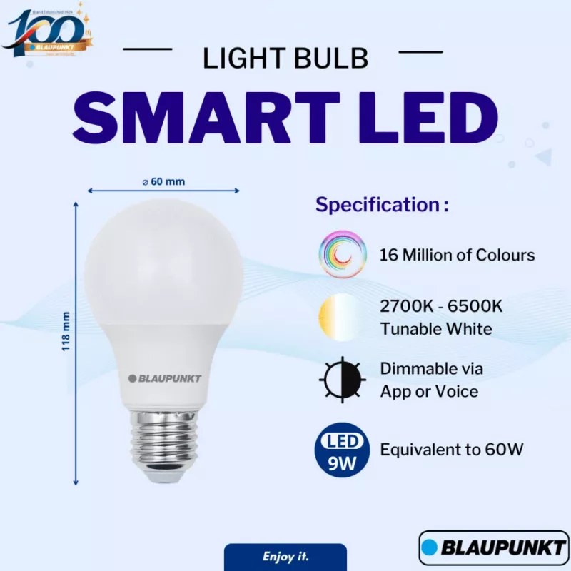 Blaupunkt E27 9W Smart LED-Lampe A60 – Tunable White & RGB, Wi-Fi, Alexa/Google Assistant