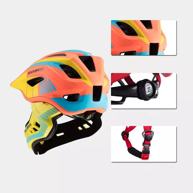 ROBOROCK Rockbros TT-32SOYB-M Kinder-Fahrradhelm mit abnehmbarem Kinnschutz, Größe M, Gelb-Orange