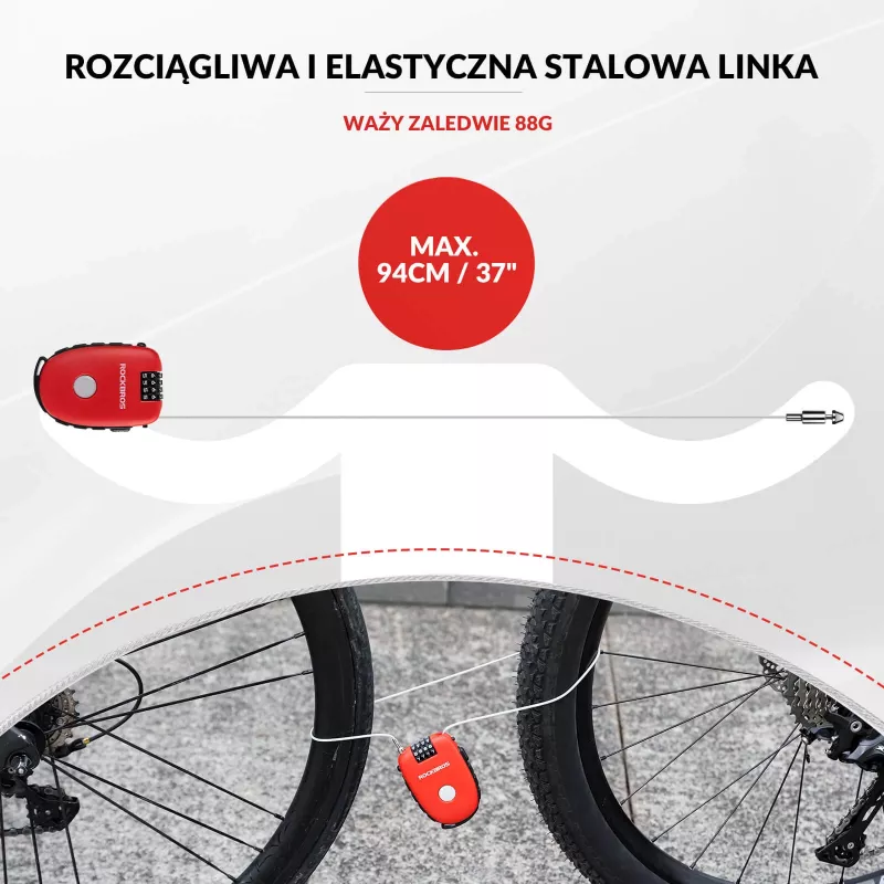 Rockbros Retractable Cable Lock 32420981001 Rot - 3-stelliges Zahlenschloss, 90 cm geflochtener Stahl