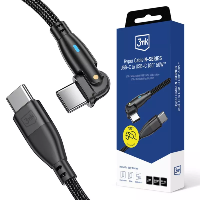 3MK Hyper Cable N-SERIES USB-C auf USB-C 2m 20V/3A 60W Schwarz - Schwenkbar