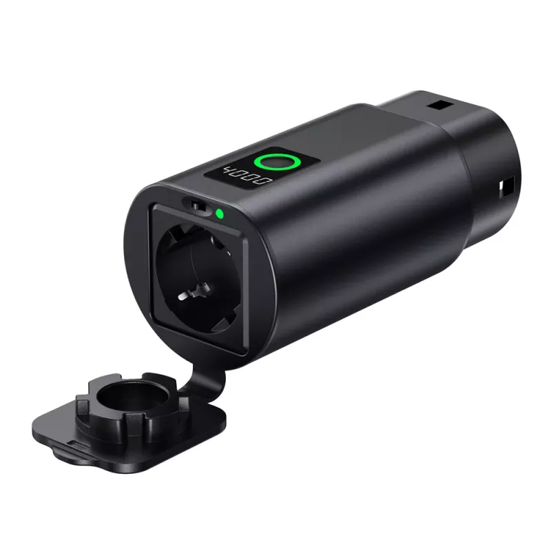 HURTEL V2L-Adapter Typ 2 auf Schuko 3500W mit Leistungsanzeige und Tasche - Schwarz