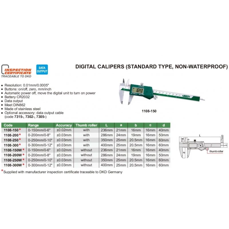 150 mm Digitaler Messschieber mit Datenausgang, 6 Zoll, Edelstahl, 3V