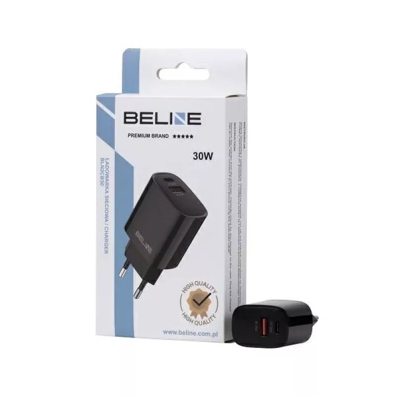 Beline GaN 30W USB-C PD + USB-A QC Wandladegerät Schwarz (nur Netzteil)