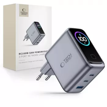 TECH-PROTECT PowerVision NC100W GaN 100W 3-Port USB-C PD & USB-A QC3.0 Wandladegerät - Dunkelgrau