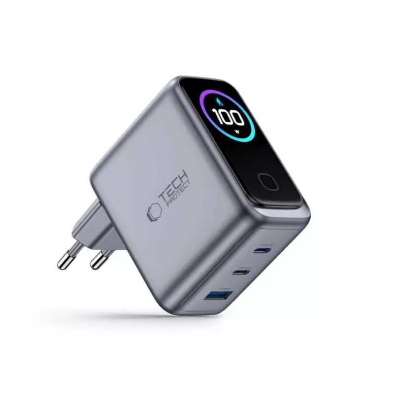 TECH-PROTECT PowerVision NC100W GaN 100W 3-Port USB-C PD & USB-A QC3.0 Wandladegerät - Dunkelgrau