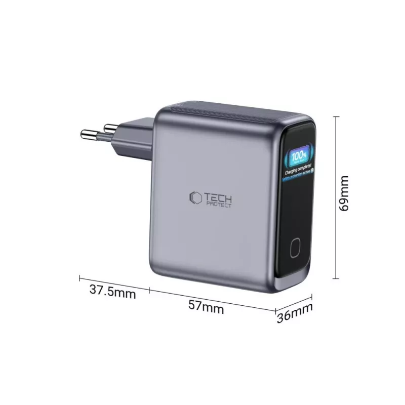 TECH-PROTECT PowerVision NC100W GaN 100W 3-Port USB-C PD & USB-A QC3.0 Wandladegerät - Dunkelgrau