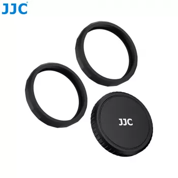 JJC LRR-OA6K2 Objektivdeckel & Dekoring-Set für DJI Osmo Action 6 (schwarzer Deckel, rote & blaue Ringe)
