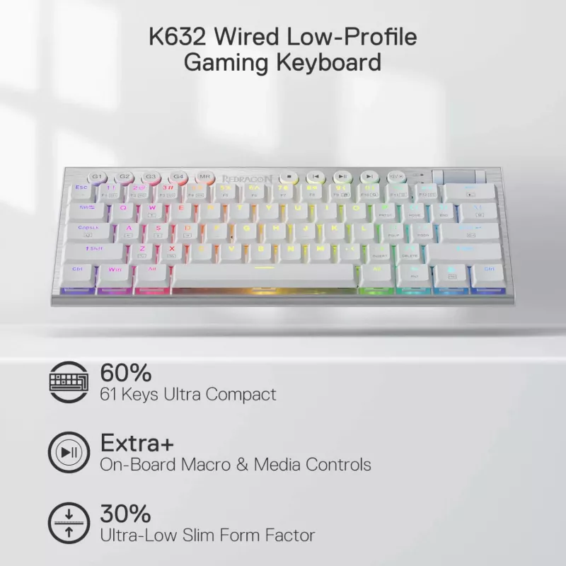 Redragon K632 HORUS Mini 60% RGB Kabelgebundene Gaming-Tastatur - Weiß