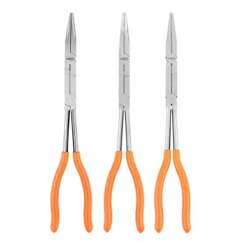 NEO TOOLS 01-293 Doppelgelenk-Zangen-Set, 3-teilig, Chrom-Vanadium-Stahl, 280 mm, gerade, 45° und 90° gebogene Spitze, ergonomische rutschfeste Griffe