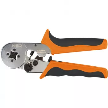 NEO Tools Selbstjustierende Ratschen-Crimpzange für Aderendhülsen 0,25-6 mm² (AWG 23-10), Quadratcrimp, ergonomischer Zweikomponenten-Griff, 200 mm