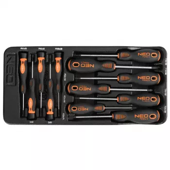 NEO TOOLS 12-teiliges Präzisions- und Standard-Schraubendreher-Set mit PZ, TX, Schlitz, Phillips, magnetischen Spitzen, Chrom-Vanadium-Stahl, Zwei-Komponenten-Griffen, Aufbewahrungsschale