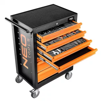 NEO TOOLS Werkstatt-Schrank mit 7 Schubladen und 129-teiligem Werkzeugsatz, Rot/Schwarz, Kugellagerauszüge, Zentralverriegelung, 400 kg Tragkraft