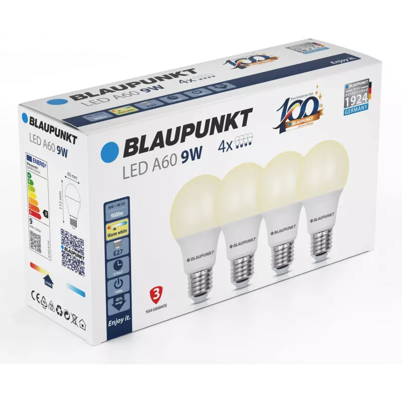 Blaupunkt LED-Lampe E27 A60 9W, 900 lm, 2700 K, 4 Stück (BLAUPUNKT-E27-9W-WW-4)