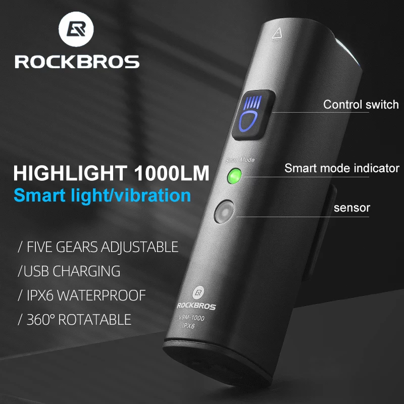 ROCKBROS V9M-1000 1000 Lumen USB-C wiederaufladbares Frontfahrradlicht - Schwarz