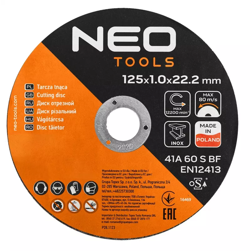 NEO TOOLS Trennscheiben 41A 60 S BF - 125x1,0x22,23 mm STAHL/INOX, 100 Stück im Eimer