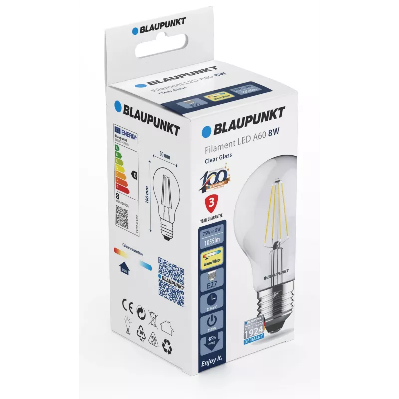 Blaupunkt LED-Filament-Lampe E27 A60 8W, 1055 lm, 2700 K (BLAUPUNKT-F-E27-8-WW)