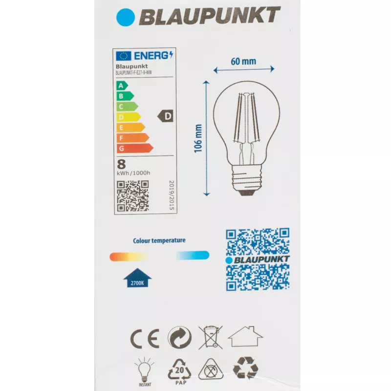 Blaupunkt LED-Filament-Lampe E27 A60 8W, 1055 lm, 2700 K (BLAUPUNKT-F-E27-8-WW)