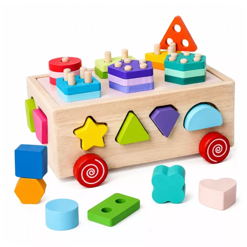 LEAN TOYS Holz Montessori Lernspielzeug Sortierer auf Rädern Formen und Zahlen