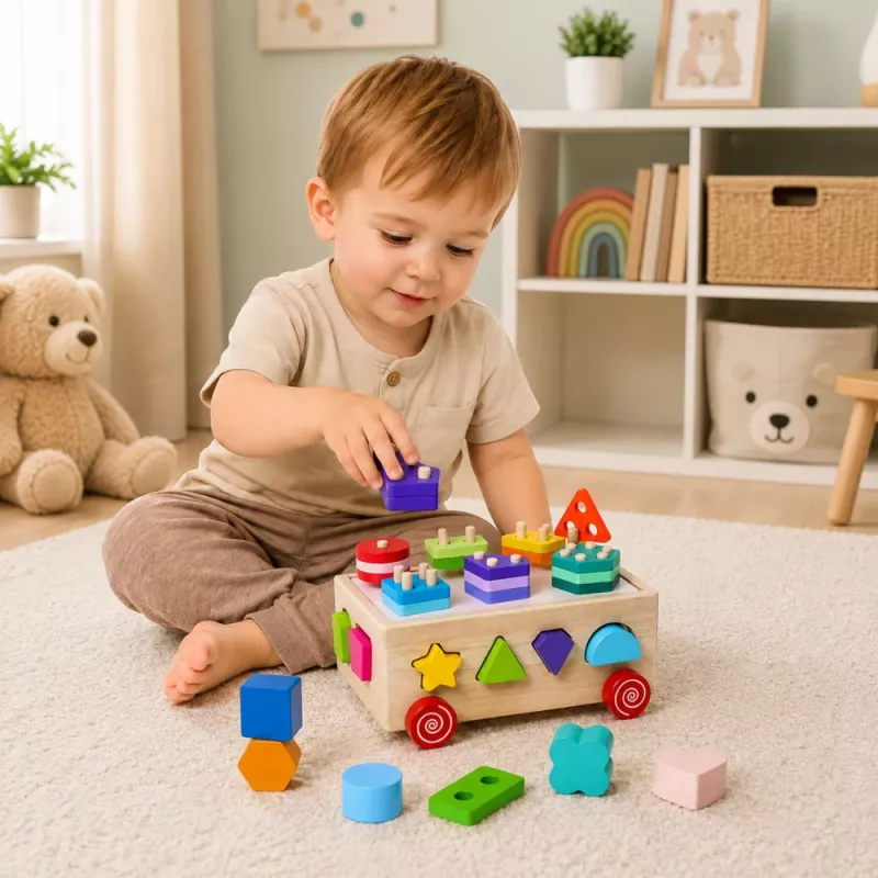 LEAN TOYS Holz Montessori Lernspielzeug Sortierer auf Rädern Formen und Zahlen