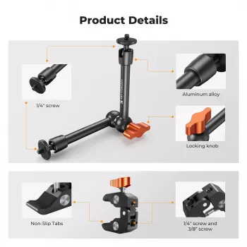 KF Magic Arm + Super Clamp Montage-Kit mit 1/4 Zoll & 3/8 Zoll Gewinde, 15-55 mm Backe, Schwarz