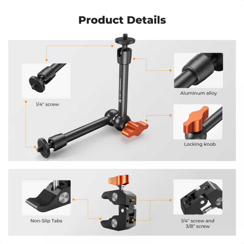 KF Magic Arm + Super Clamp Montage-Kit mit 1/4 Zoll & 3/8 Zoll Gewinde, 15-55 mm Backe, Schwarz