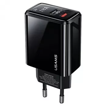 USAMS 20W Dual-Port USB-C PD3.0 + USB-A QC3.0 Wandladegerät (EU-Stecker, Schwarz)