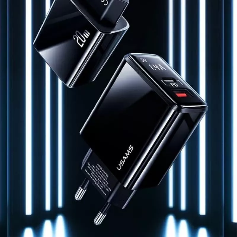 USAMS 20W Dual-Port USB-C PD3.0 + USB-A QC3.0 Wandladegerät (EU-Stecker, Schwarz)