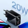 USAMS 20W Dual-Port USB-C PD3.0 + USB-A QC3.0 Wandladegerät (EU-Stecker, Schwarz)