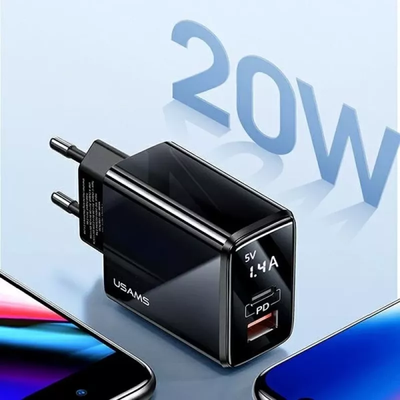USAMS 20W Dual-Port USB-C PD3.0 + USB-A QC3.0 Wandladegerät (EU-Stecker, Schwarz)