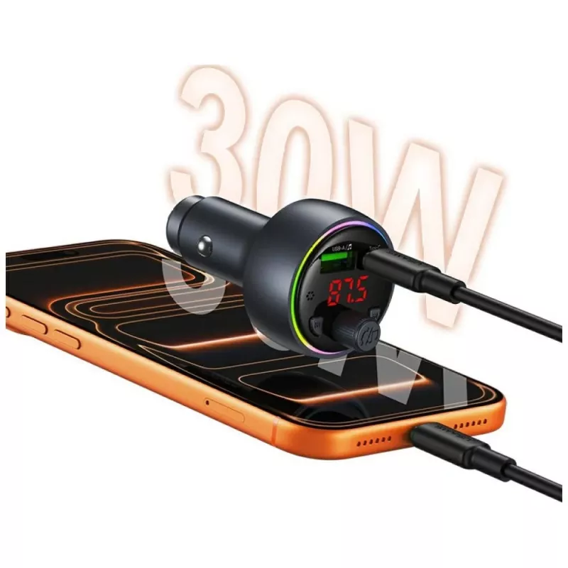 USAMS CC328 30W Bluetooth FM Transmitter Auto-Ladegerät mit USB-C PD und USB-A QC3.0, Freisprecheinrichtung, LED-Anzeige, Schwarz