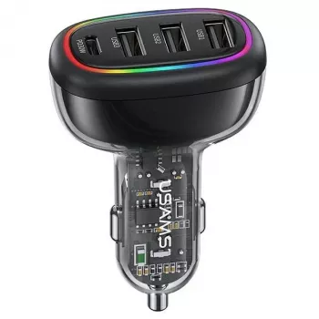 USAMS C34 48W PD Schnelllade-Autoladegerät mit 1x USB-C und 3x USB-A - Schwarz