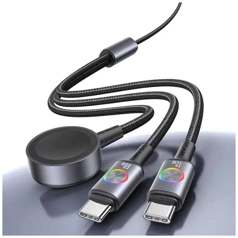 USAMS Huan Series 3-in-1 Ladekabel mit kabellosem Ladegerät 72W USB-C Dunkelgrau