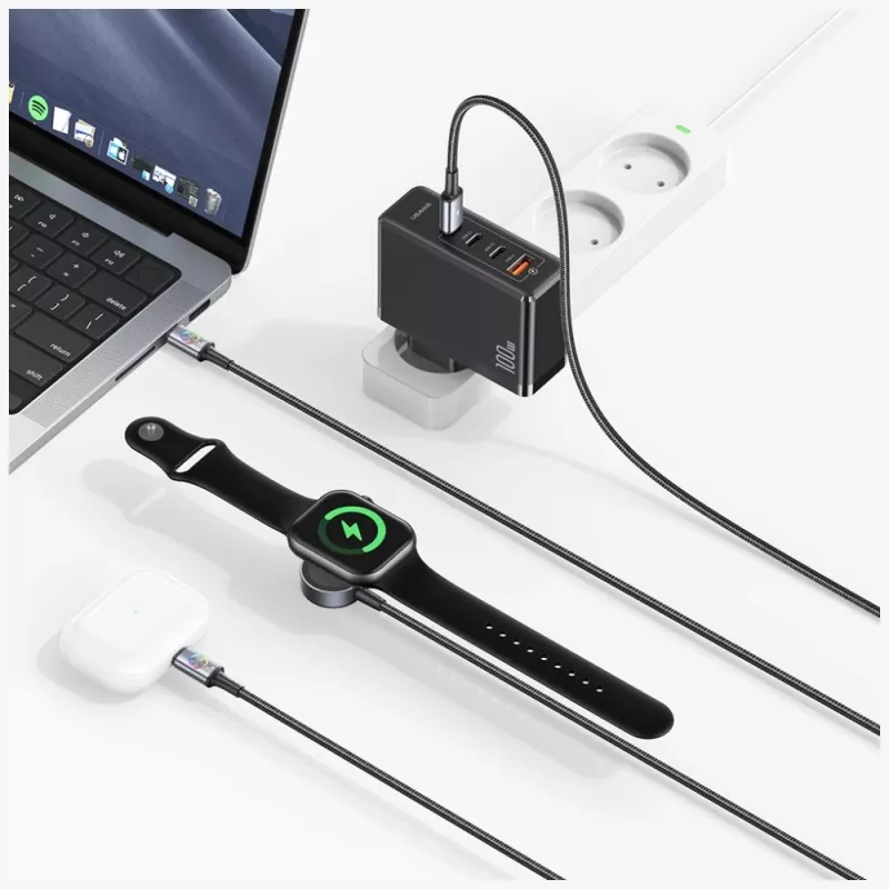 USAMS Huan Series 3-in-1 Ladekabel mit kabellosem Ladegerät 72W USB-C Dunkelgrau