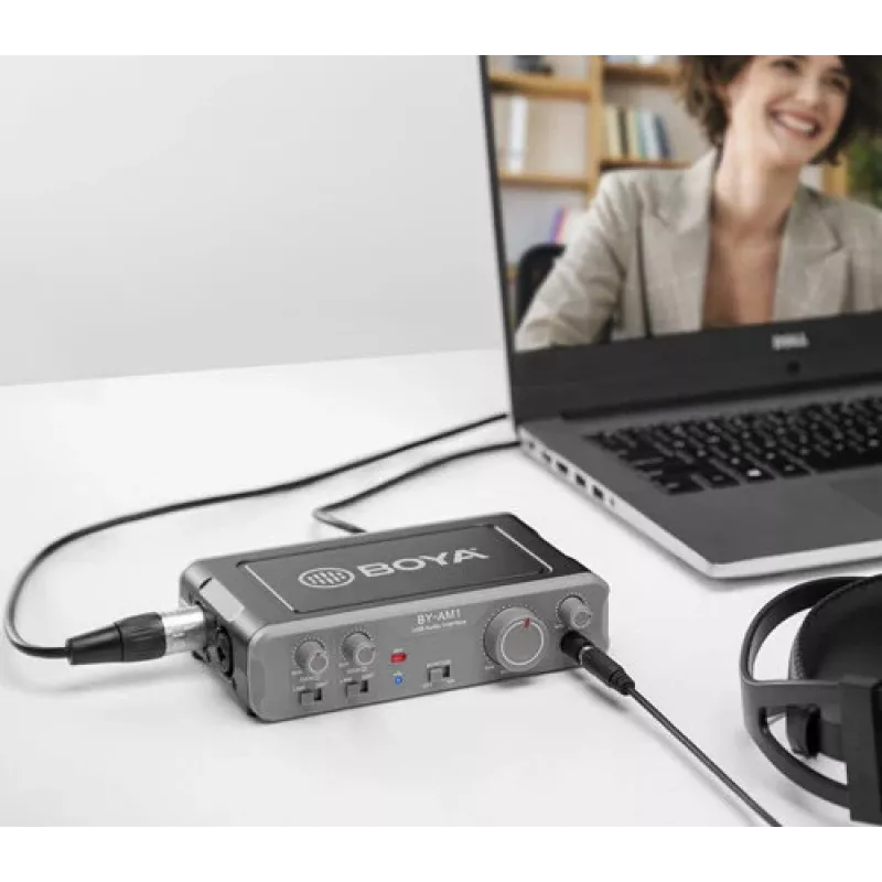 BOYA BY-AM1 2-Kanal USB-C Audio-Interface mit XLR/TRS-Eingängen, +48V Phantomspeisung und Direct Monitoring