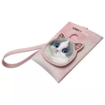 NIMMY Big Eyed Pet 2.0 Katze Pink PU-Leder Kartenhalter Geldbörse mit 6 Kartenfächern, Münzfach und Reißverschluss