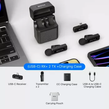 BOYA BY-V30 Drahtloses Lavalier-Mikrofonsystem für USB-C-Geräte, 2,4 GHz, 50 m Reichweite, 9 Stunden Akku, Rauschunterdrückung, Schwarz