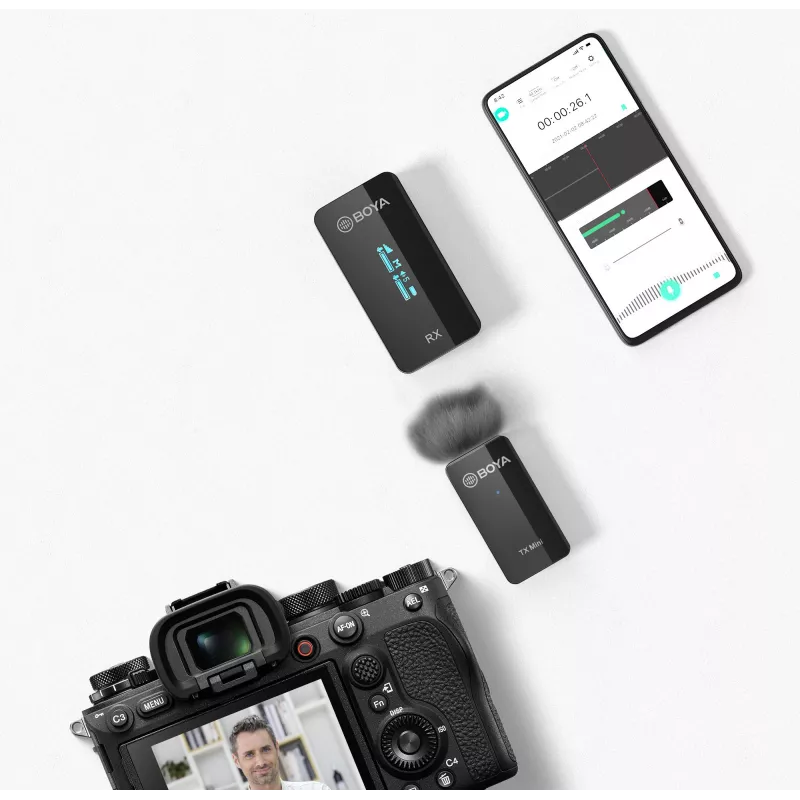 BOYA BY-XM6-S1 Mini 2,4 GHz kabelloses Mikrofonsystem mit Lavalier-Mikrofon, OLED-Empfänger, 100 m Reichweite