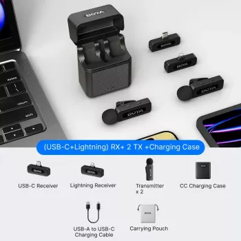 BOYA BY-V3 Combo 2,4 GHz kabelloses Mikrofonsystem mit 2 Sendern und 2 Empfängern (Lightning & USB-C) - Schwarz
