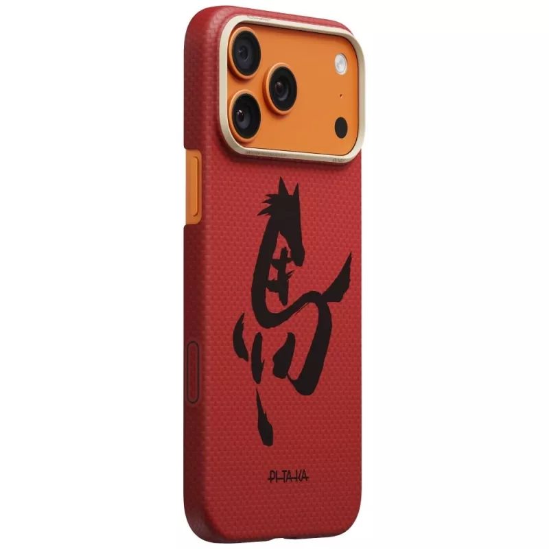 PITAKA Edge Case Ink Horse Painting für Apple iPhone 17 Pro – Zinnober Aramidfaser Snap-On Hülle mit MagSafe