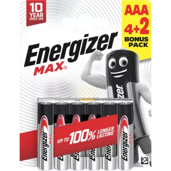 Energizer Max AAA Alkaline-Batterien, 1,5 V, 6er-Pack (4+2)
