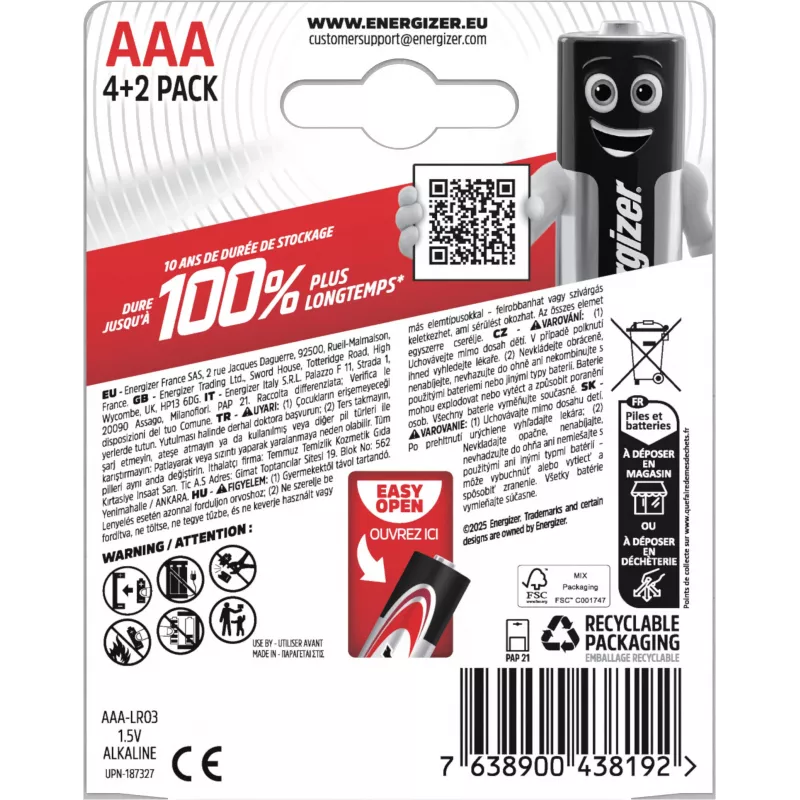 Energizer Max AAA Alkaline-Batterien, 1,5 V, 6er-Pack (4+2)