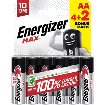 Energizer Max AA Alkaline-Batterien, 1,5 V, 6er-Pack (4+2)