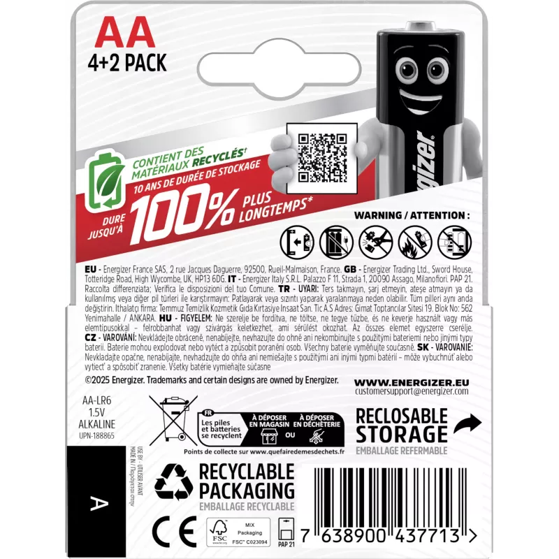 Energizer Max AA Alkaline-Batterien, 1,5 V, 6er-Pack (4+2)