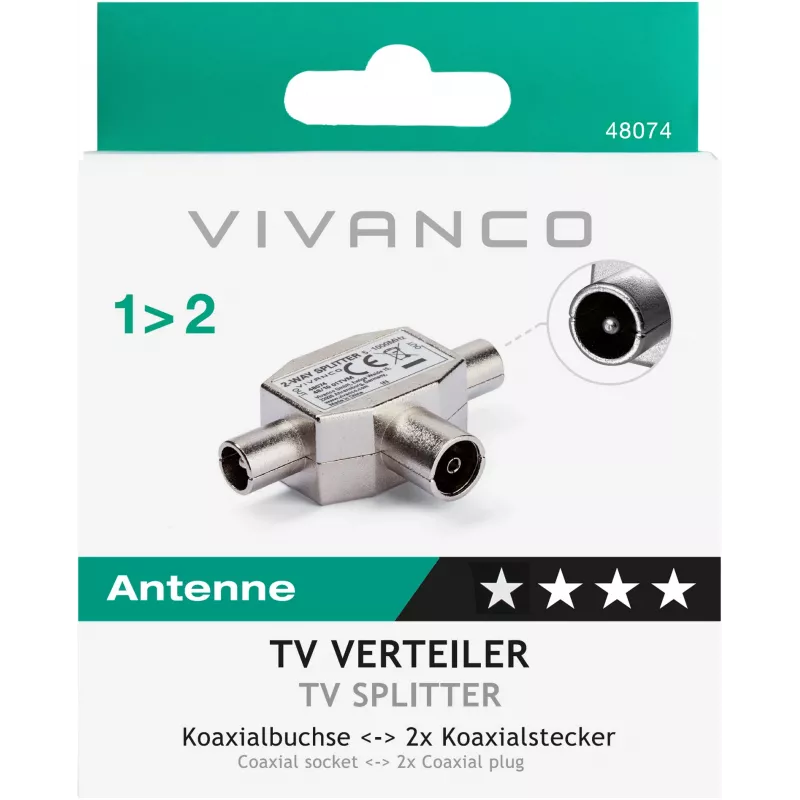 Vivanco geschirmter 2-fach TV-Antennenverteiler, Koaxial-Buchse auf 2 Stecker (VVANSHILD2M1F)