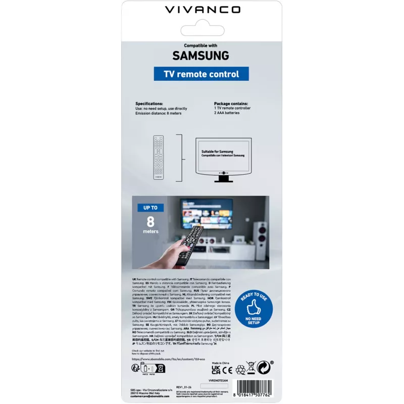 Vivanco VVREMOTESAM Universal-Fernbedienung für Samsung TVs, Schwarz