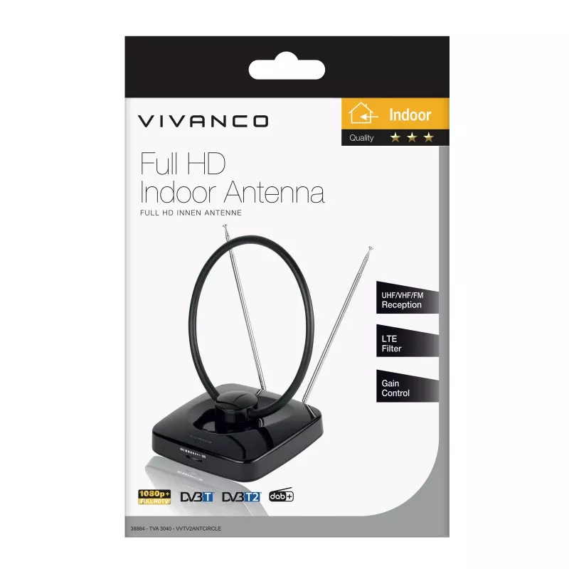 Vivanco VVTV2ANTCIRCLE Innenantenne für DVB-T/T2, DAB/DAB+ und FM-Radio, Schwarz