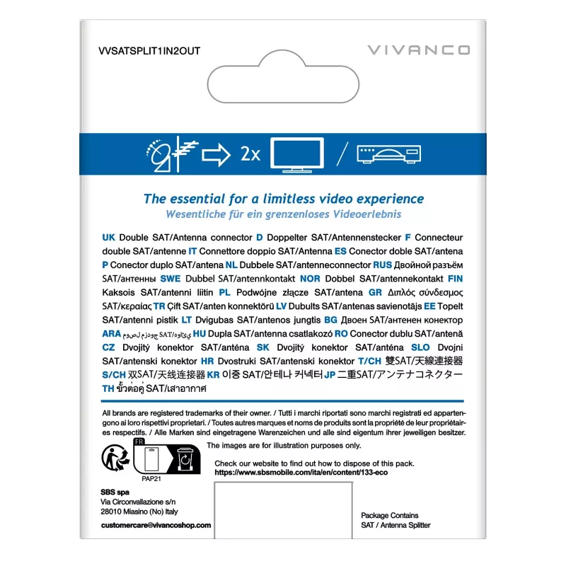 Vivanco VVSATSPLIT1IN2OUT Satelliten-Verteiler 1 Eingang 2 Ausgänge 5-2400 MHz F-Stecker