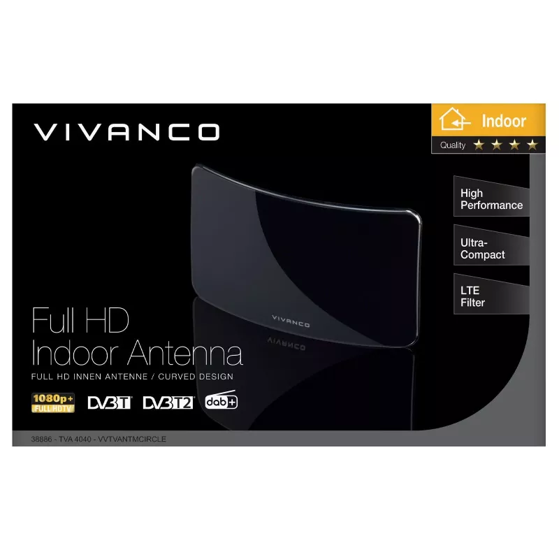 Vivanco VVTVANTMCIRCLE Innenantenne für DVB-T/T2 mit 28 dB Verstärkung, LTE/4G/5G-Filter, DAB/DAB+-Unterstützung, Schwarz